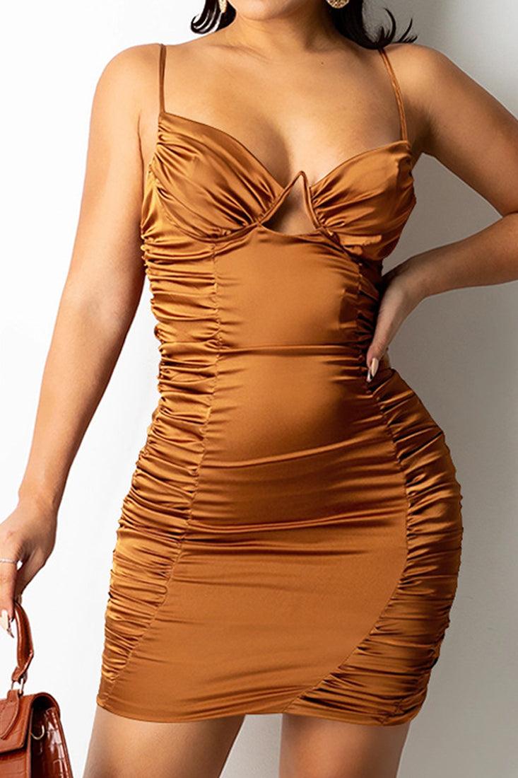 Brown Satin Sleeveless Ruched Sexy Party Dress - AMIClubwear