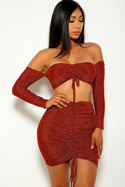 Brown Shimmer Ruched Two Piece Outfit - AMIClubwear