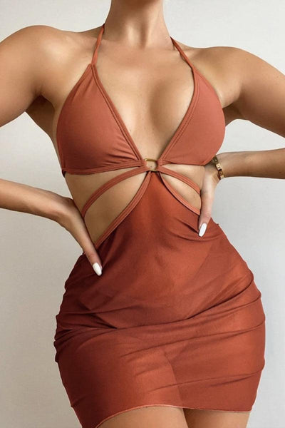 Brown Strappy Halter Sexy Three Piece Swimsuit - AMIClubwear