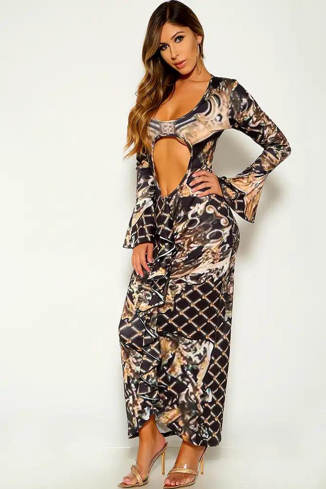 Brown Two tone Long Sleeve Cut Out Maxi dress - AMIClubwear