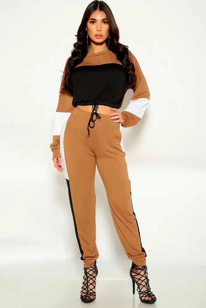 Brown Two Tone Long Sleeve Long Sleeve Two Piece Outfit - AMIClubwear