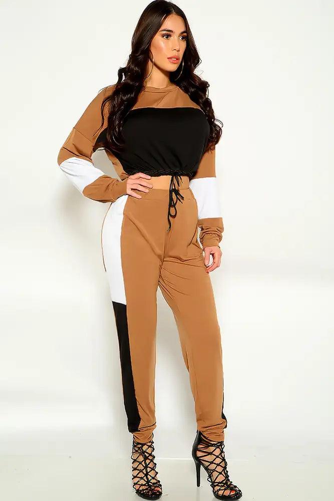 Brown Two Tone Long Sleeve Long Sleeve Two Piece Outfit - AMIClubwear