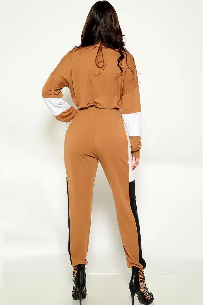 Brown Two Tone Long Sleeve Long Sleeve Two Piece Outfit - AMIClubwear