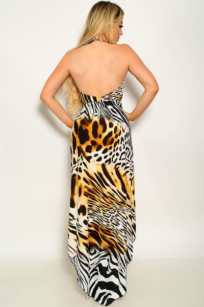 Brown White Tiger Print Halter Backless Maxi Party Dress - AMIClubwear