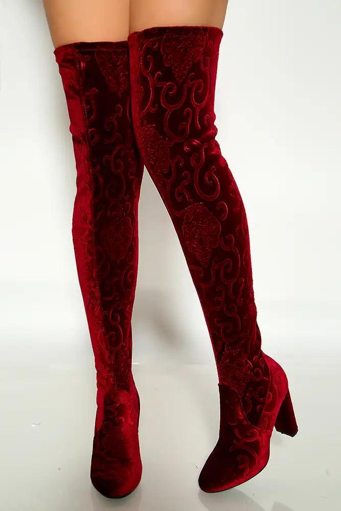 Burgundy Embroider Paisley Thigh High Chunky Heel Boots Faux Velvet - AMIClubwear