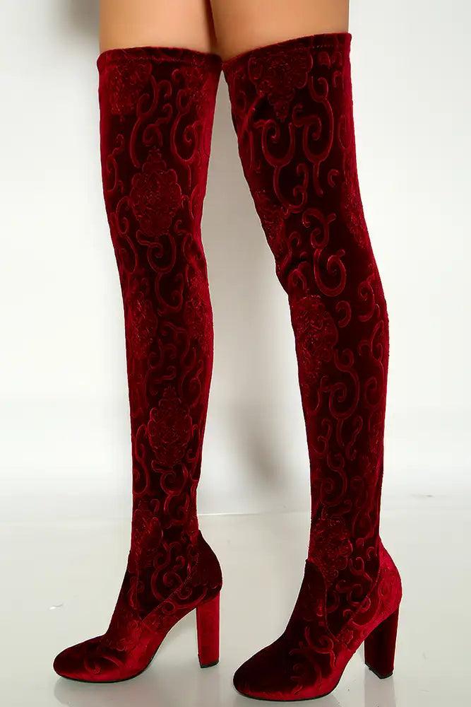 Burgundy Embroider Paisley Thigh High Chunky Heel Boots Faux Velvet - AMIClubwear