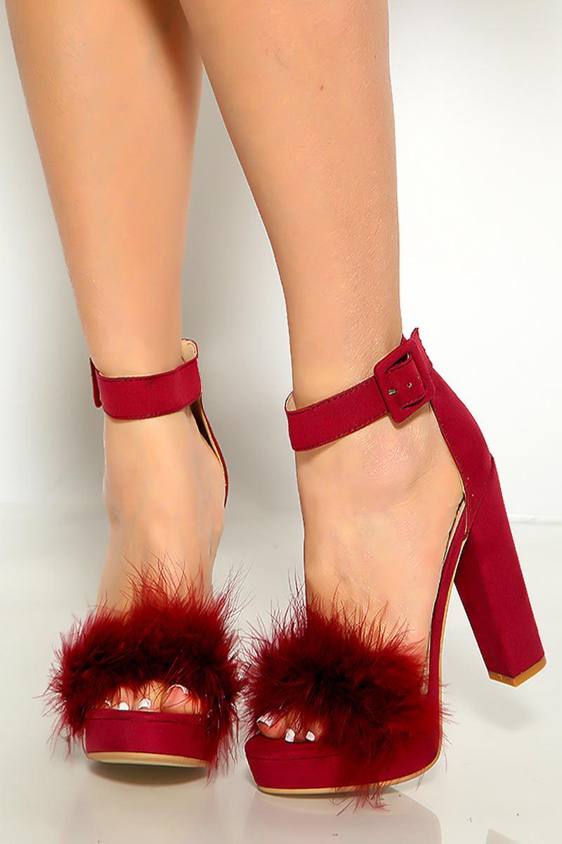 Burgundy Faux Fur Peep Toe Chunky High Heels - AMIClubwear