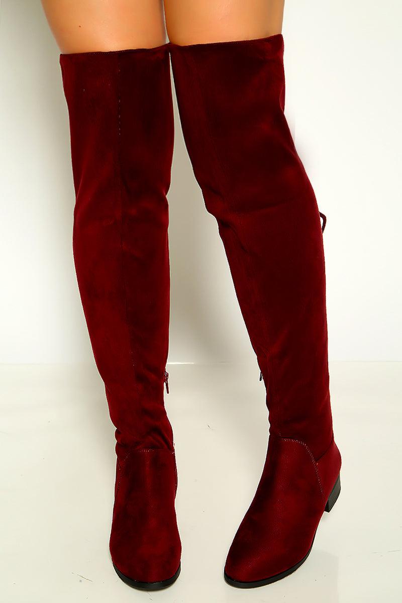 Burgundy Faux Suede Back Lace Thigh High Boots - AMIClubwear