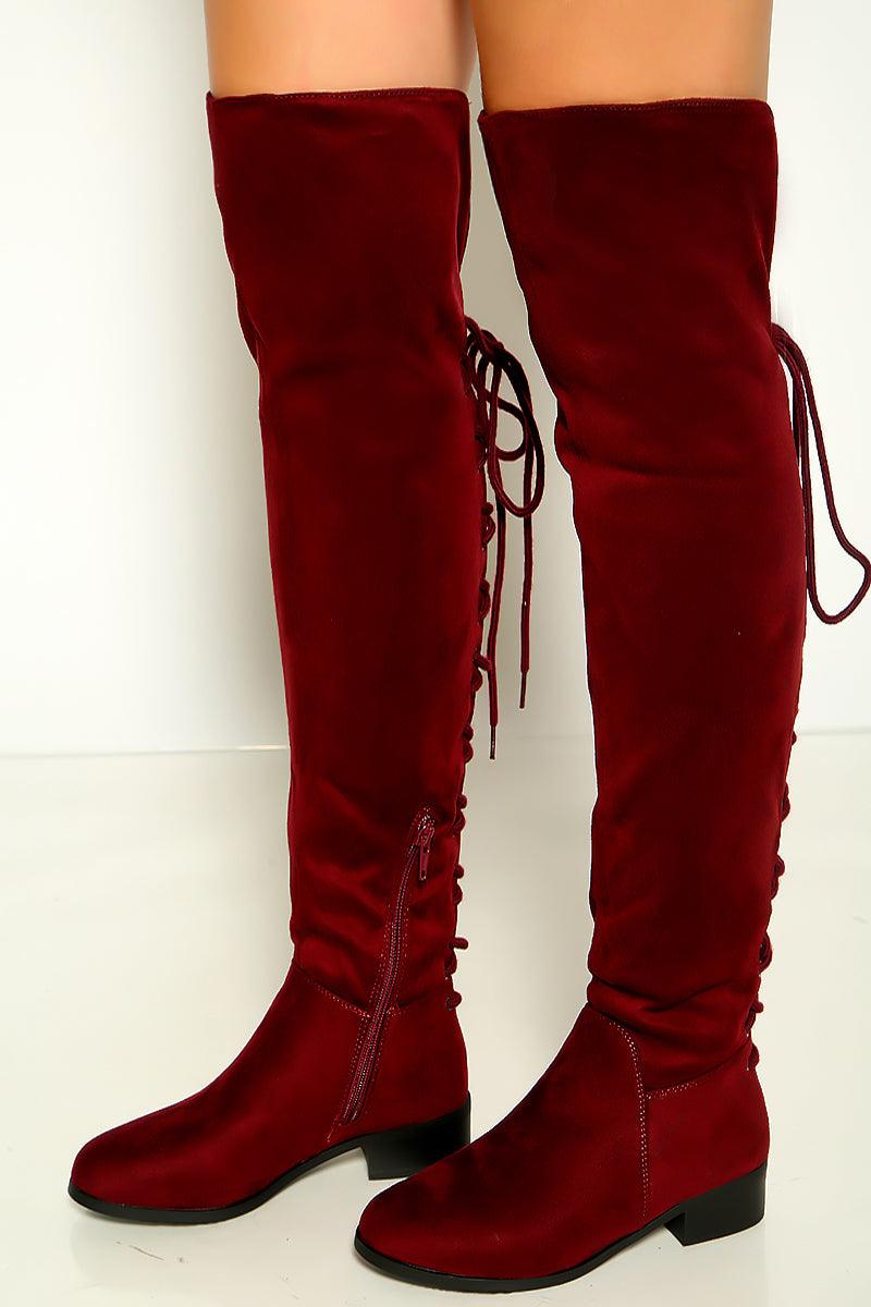 Burgundy Faux Suede Back Lace Thigh High Boots - AMIClubwear