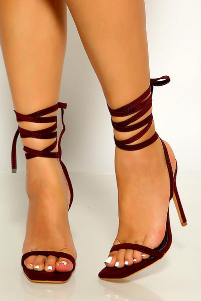 Burgundy Faux Suede Open Toe Lace Up High Heels - AMIClubwear