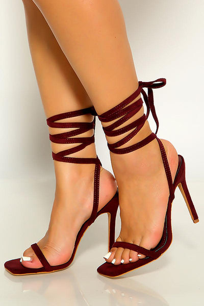 Burgundy Faux Suede Open Toe Lace Up High Heels - AMIClubwear