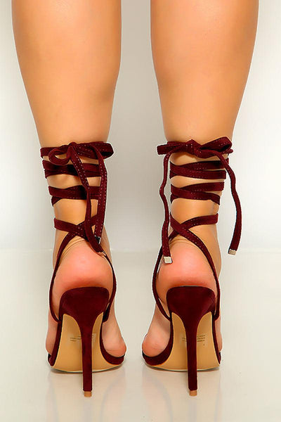 Burgundy Faux Suede Open Toe Lace Up High Heels - AMIClubwear