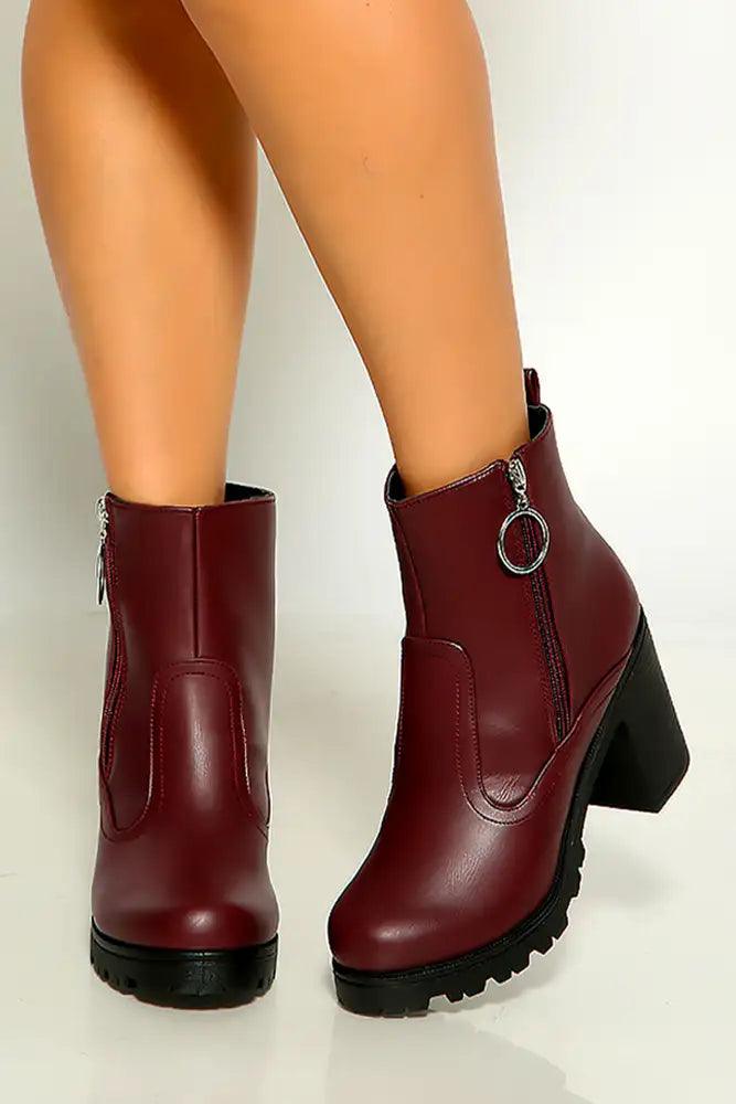 Burgundy Inner Tiger Round Toe O-ring Heel Boots - AMIClubwear