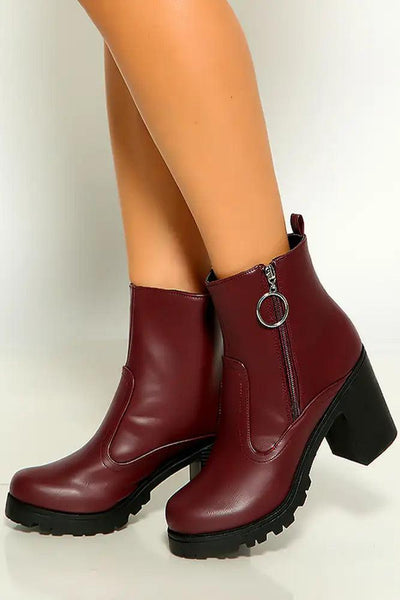 Burgundy Inner Tiger Round Toe O-ring Heel Boots - AMIClubwear