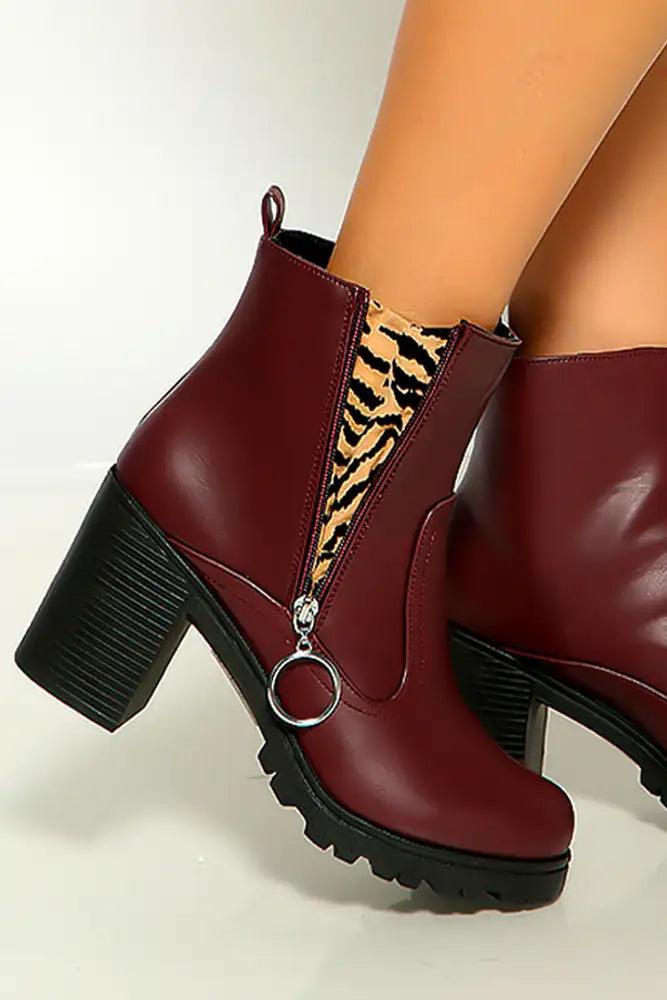 Burgundy Inner Tiger Round Toe O-ring Heel Boots - AMIClubwear