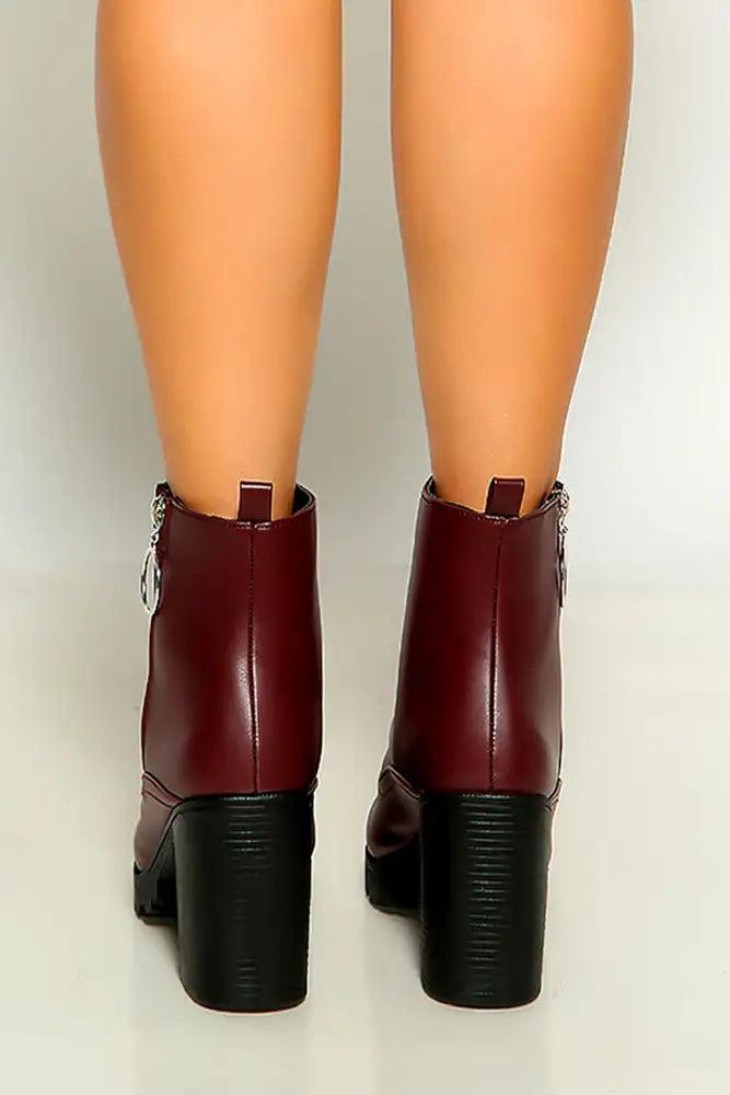 Burgundy Inner Tiger Round Toe O-ring Heel Boots - AMIClubwear