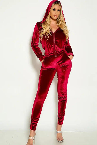 Burgundy Long Sleeve Hooded Velvet Two Piece Outfit - AMIClubwear