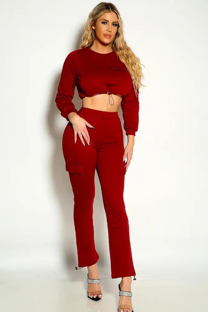 Burgundy Long Sleeve Loungewear Two Piece OUtfit - AMIClubwear