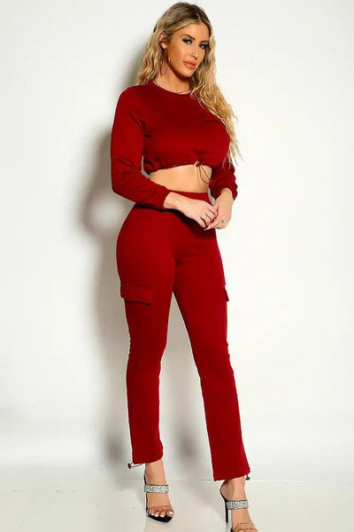 Burgundy Long Sleeve Loungewear Two Piece OUtfit - AMIClubwear