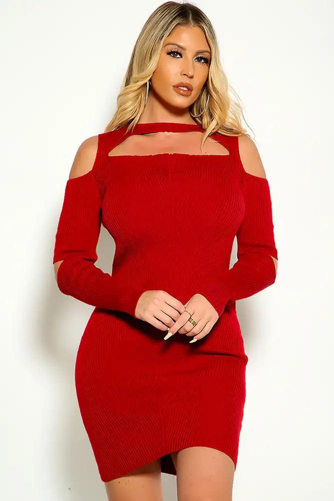 Burgundy Long Sleeve Ribbed Cut Out Sweater Dress - AMIClubwear