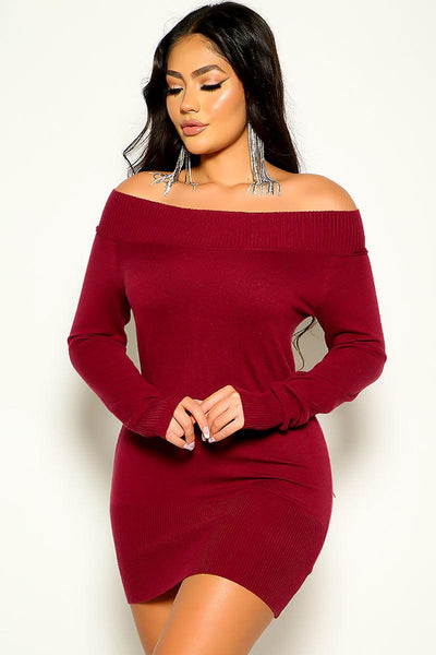 Burgundy Off Shoulder Sweater Dress - AMIClubwear