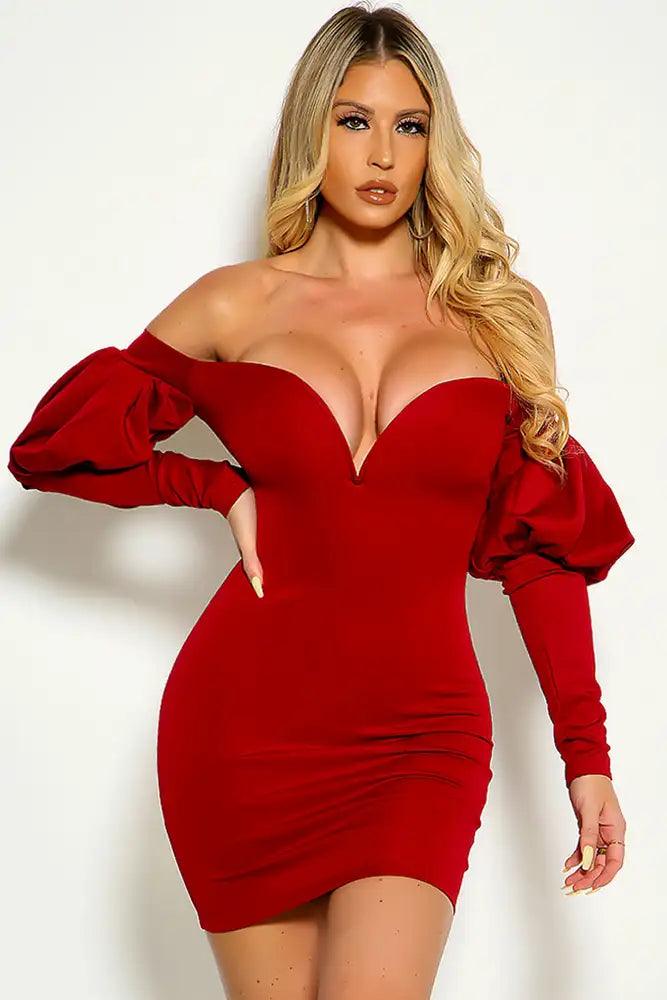 Burgundy Off The Shoulder Puff Sleeve V-Wire Party Dress - AMIClubwear