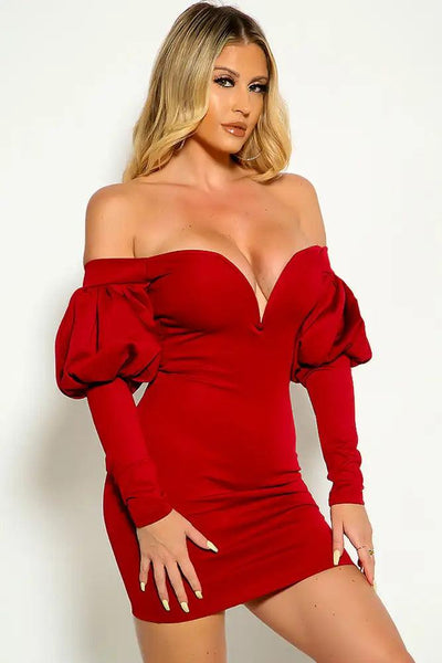 Burgundy Off The Shoulder Puff Sleeve V-Wire Party Dress - AMIClubwear