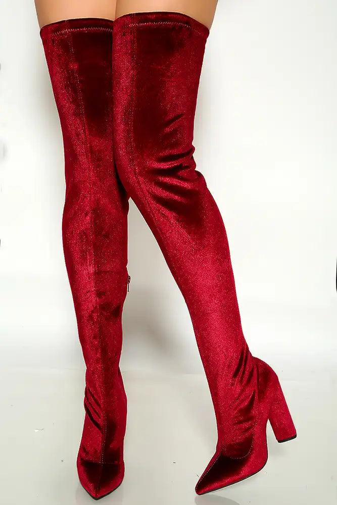 Burgundy Pointy Toe Chunky Heel Thigh High Boots - AMIClubwear