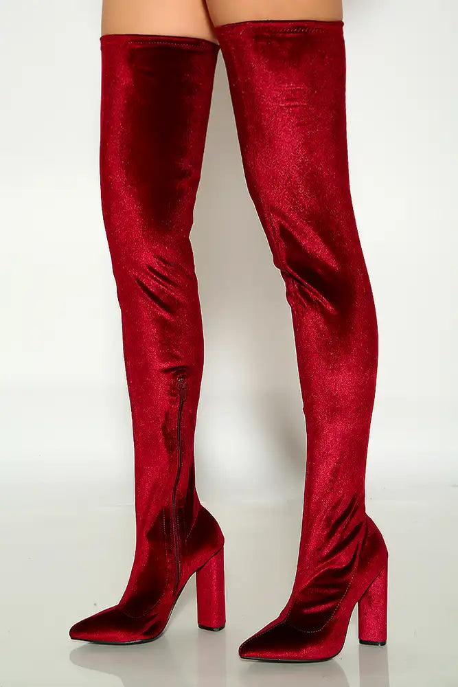 Burgundy Pointy Toe Chunky Heel Thigh High Boots - AMIClubwear