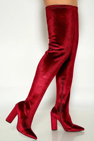 Burgundy Pointy Toe Chunky Heel Thigh High Boots - AMIClubwear