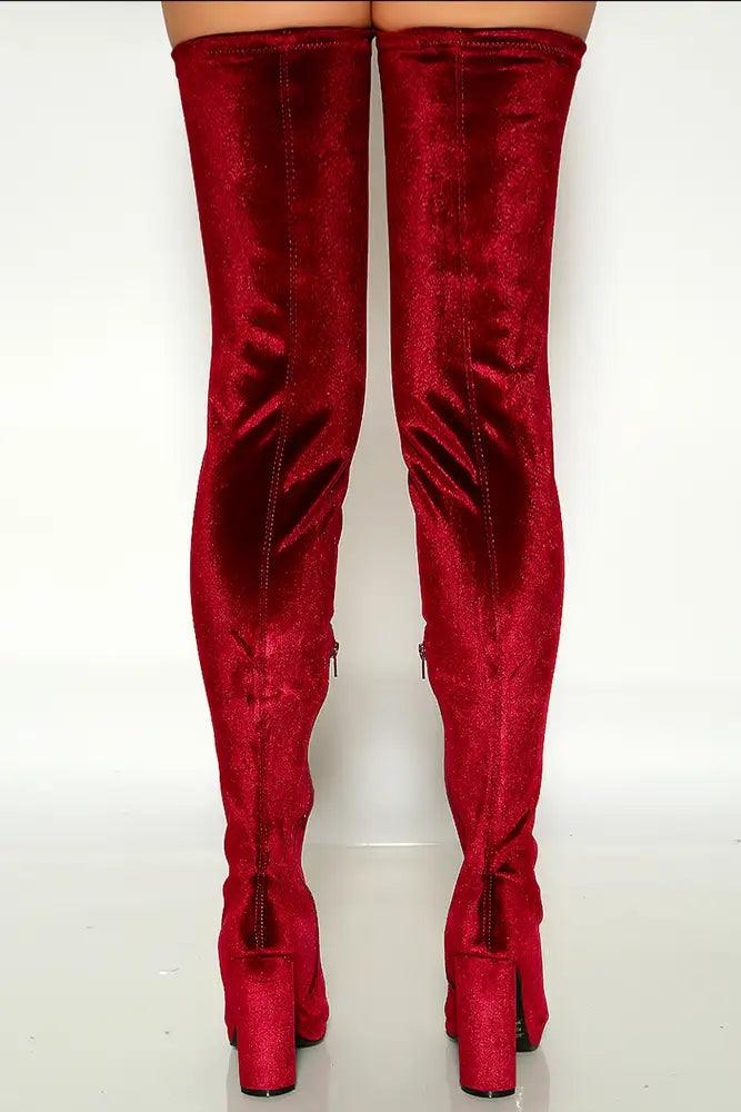 Burgundy Pointy Toe Chunky Heel Thigh High Boots - AMIClubwear