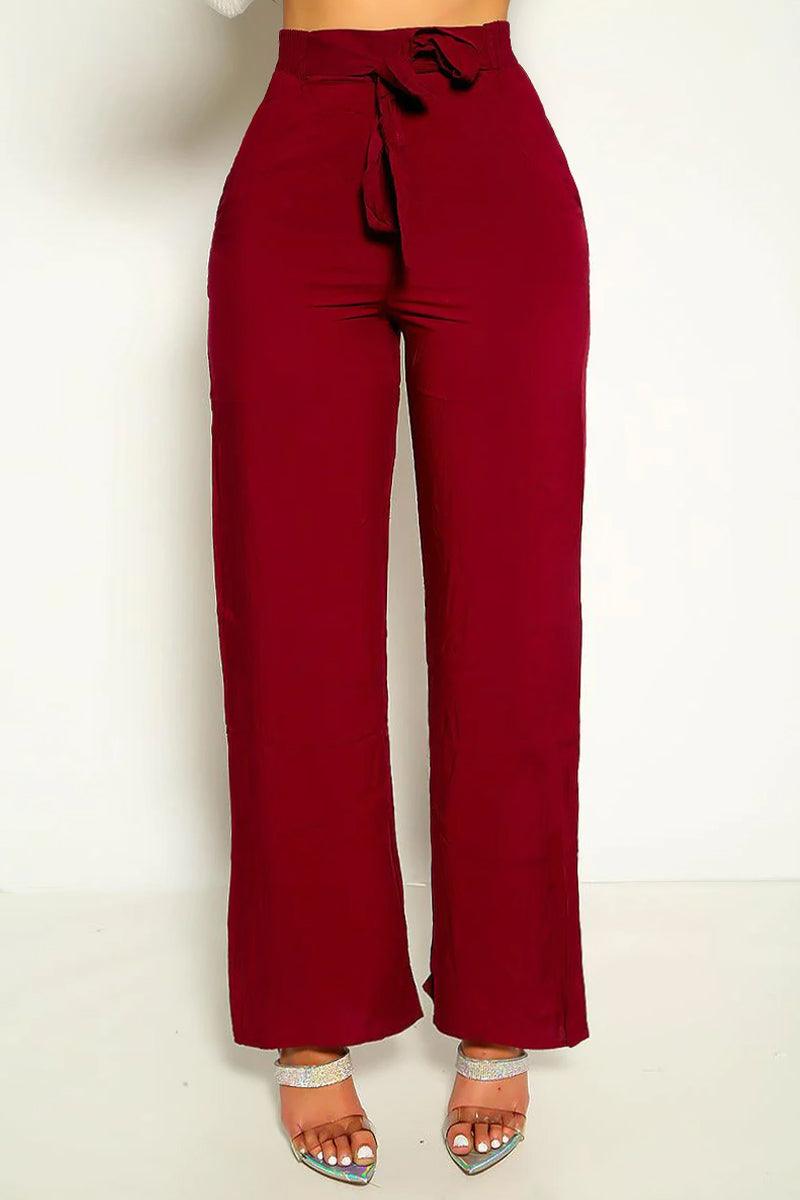 Burgundy Tie Front Wide Leg Casual Pants - AMIClubwear