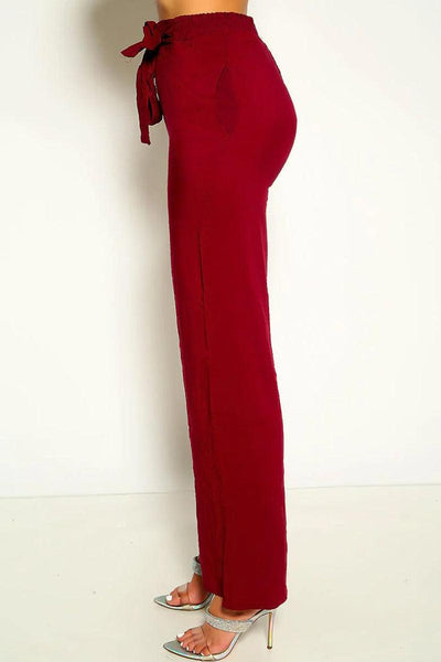 Burgundy Tie Front Wide Leg Casual Pants - AMIClubwear