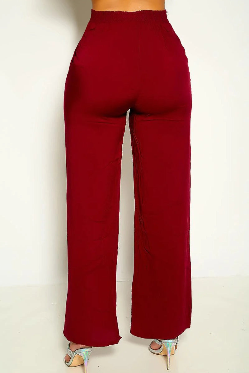 Burgundy Tie Front Wide Leg Casual Pants - AMIClubwear