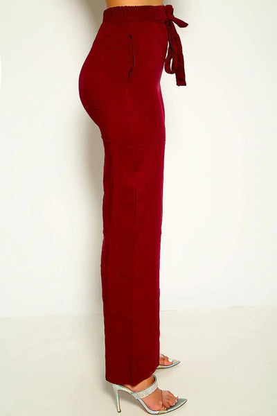 Burgundy Tie Front Wide Leg Casual Pants - AMIClubwear