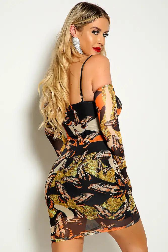 Butterfly Print Off The Shoulder Long Sleeve Two Tone Dress - AMIClubwear