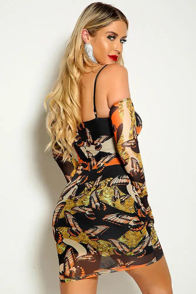 Butterfly Print Off The Shoulder Long Sleeve Two Tone Dress - AMIClubwear