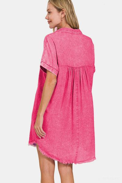 Zenana Washed Linen V-Neck Raw Hem Dress - AMIClubwear