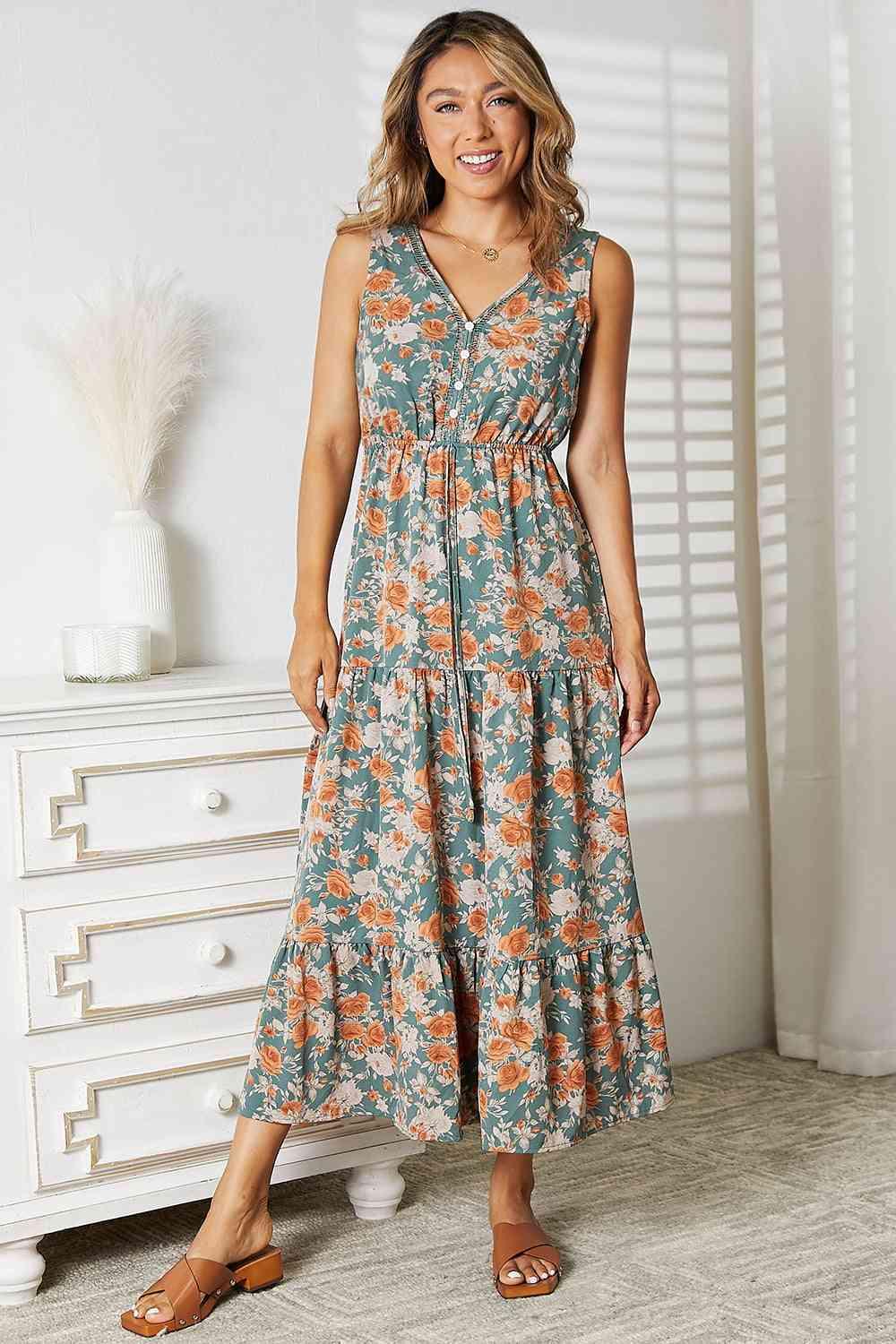 Double Take Floral V-Neck Tiered Sleeveless Dress - AMIClubwear
