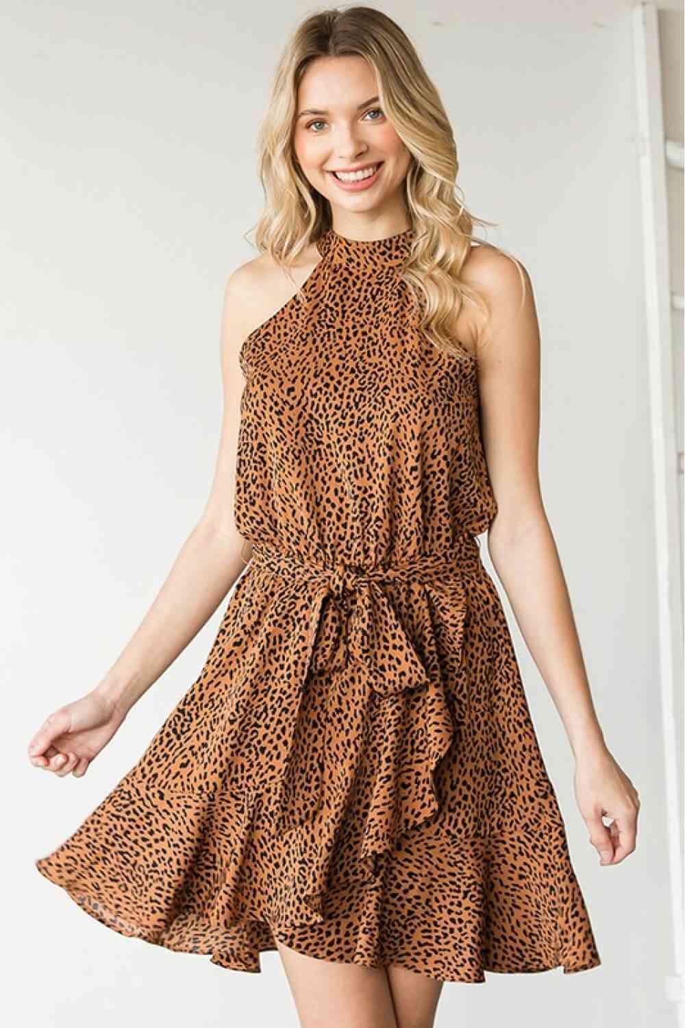 First Love Full Size Leopard Belted Sleeveless Dress - AMIClubwear