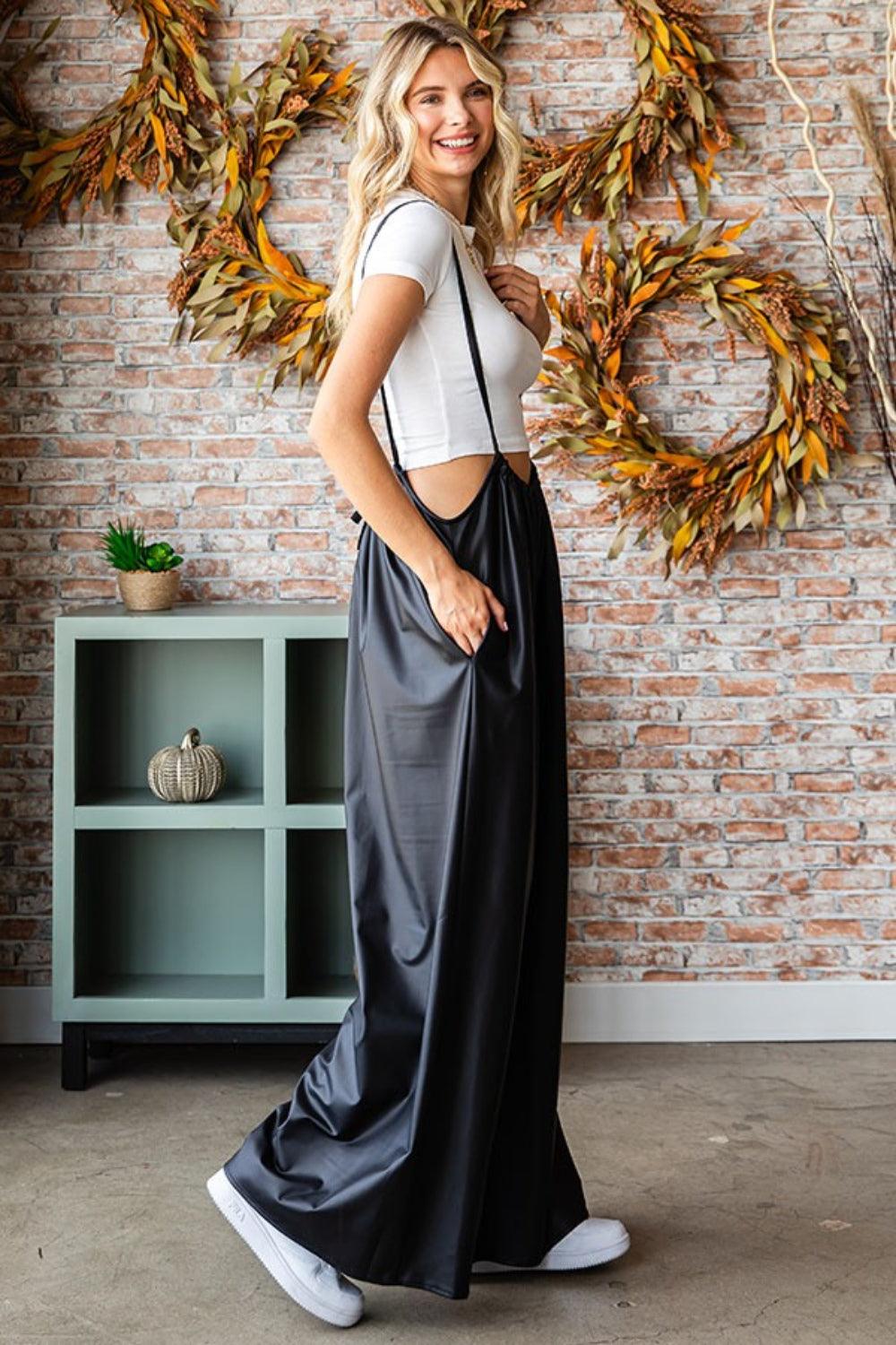 First Love Drawstring Back Spaghetti Strap Wide Leg Overall - AMIClubwear