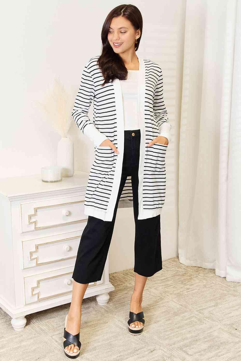 Double Take Striped Open Front Longline Cardigan - AMIClubwear
