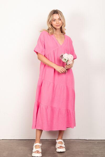 VERY J Soft Crinkle Gauze Short Sleeve Midi Dress - AMIClubwear