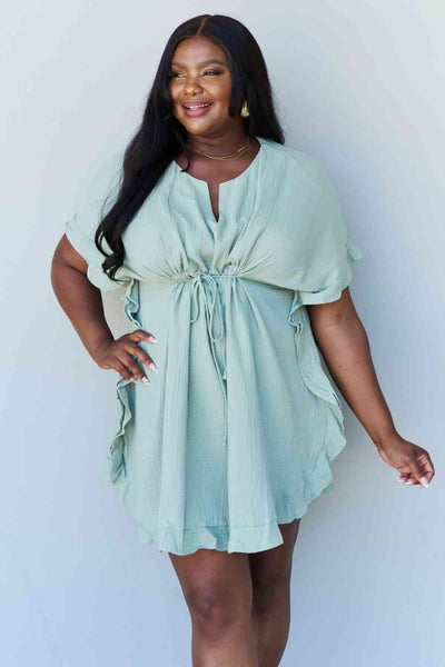 Ninexis Out Of Time Full Size Ruffle Hem Dress with Drawstring Waistband in Light Sage - AMIClubwear