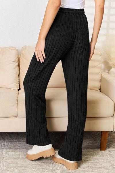 Basic Bae Full Size Ribbed Drawstring Hood Top and Straight Pants Set - AMIClubwear