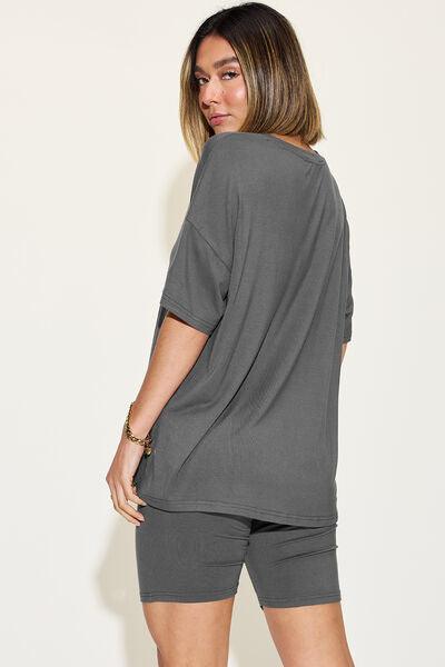 Basic Bae Full Size V-Neck Drop Shoulder Short Sleeve T-Shirt and Shorts Set - AMIClubwear