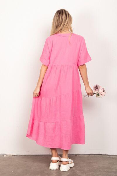 VERY J Soft Crinkle Gauze Short Sleeve Midi Dress - AMIClubwear