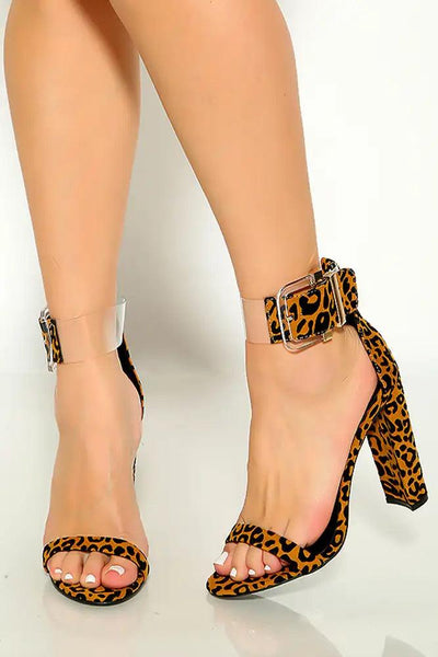 Camel Black Leopard Ankle Strap Platform High Heels - AMIClubwear