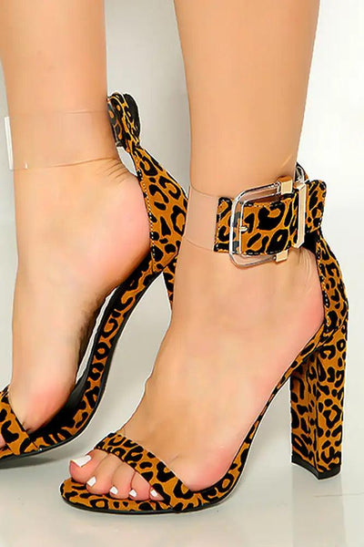 Camel Black Leopard Ankle Strap Platform High Heels - AMIClubwear