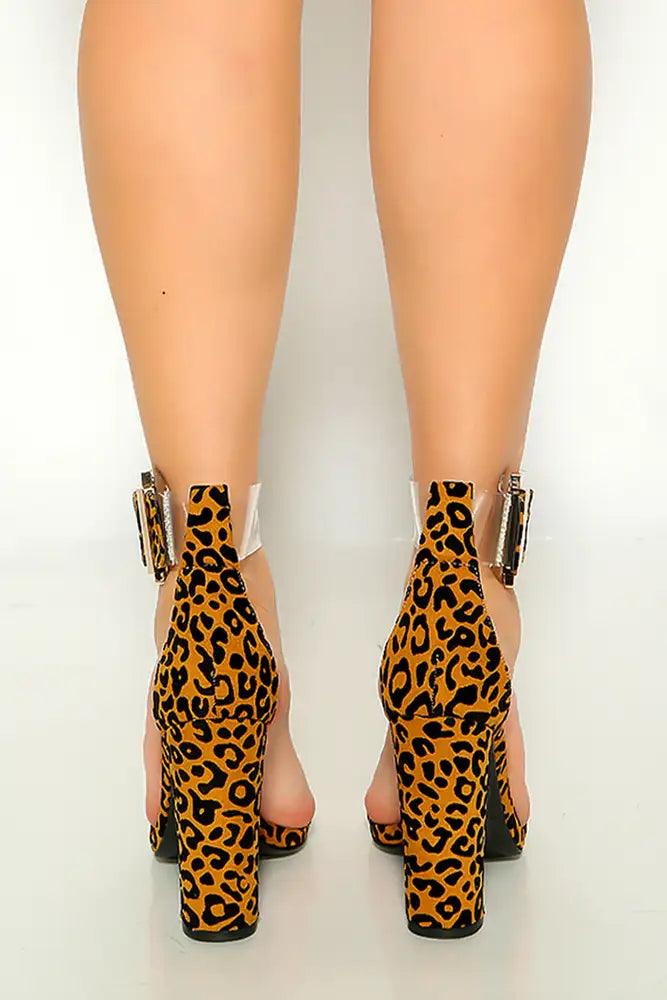 Camel Black Leopard Ankle Strap Platform High Heels - AMIClubwear